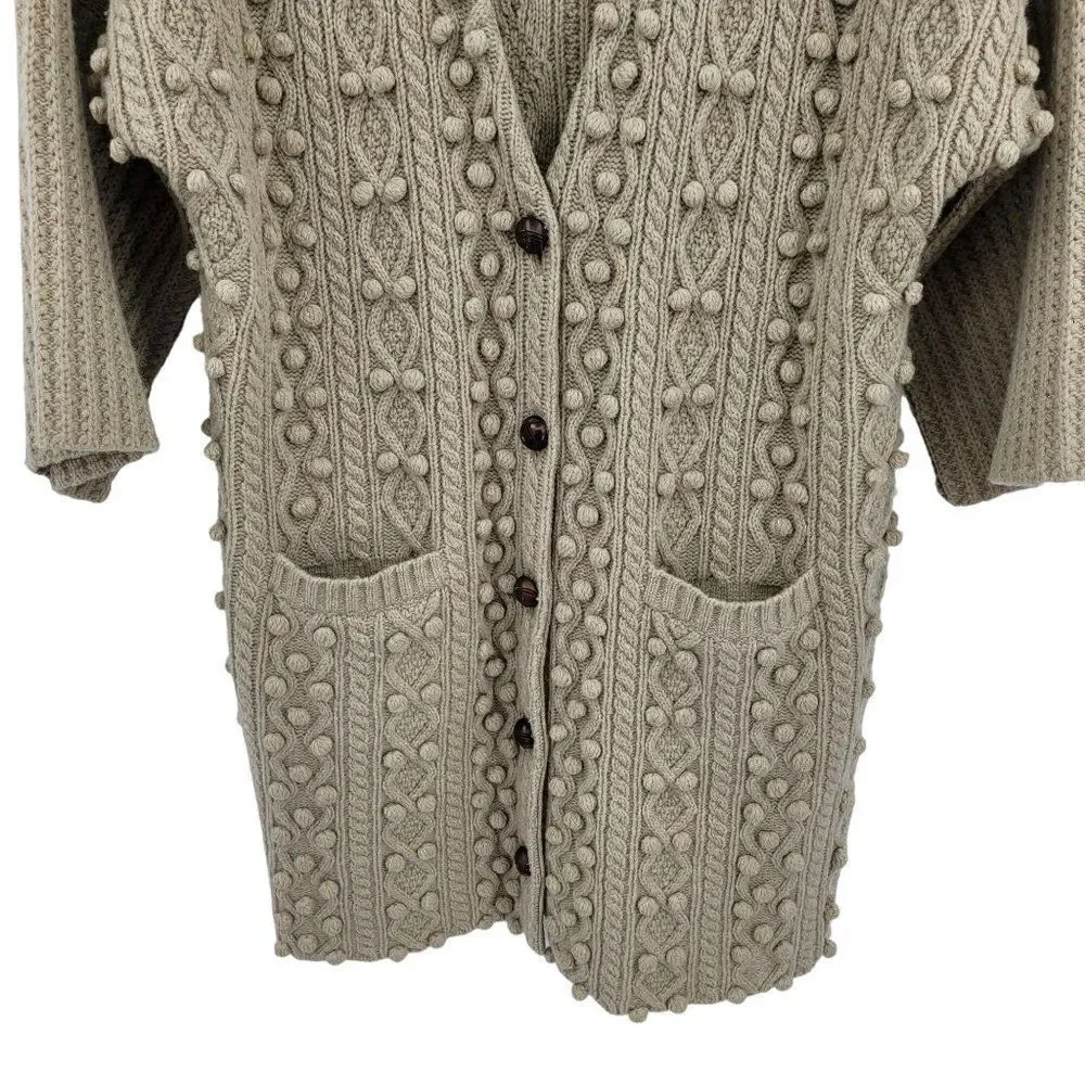 Vintage 70's Faconnable cardigan sweater wool‎ long 3D knobby granny core tan S